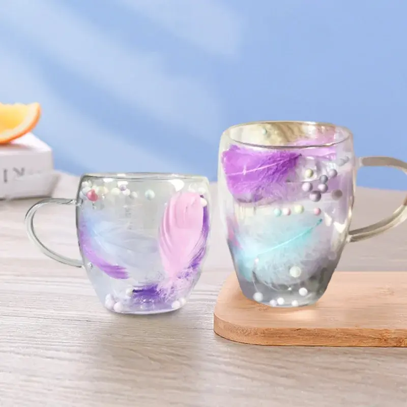 250/350ML Double Wall Coffee Mug with Handles Clear Milk Cups Gifts Glass Cup Household Office Fill Simulation Feather Teacup