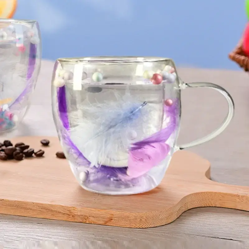 250/350ML Double Wall Coffee Mug with Handles Clear Milk Cups Gifts Glass Cup Household Office Fill Simulation Feather Teacup