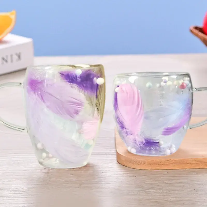 250/350ML Double Wall Coffee Mug with Handles Clear Milk Cups Gifts Glass Cup Household Office Fill Simulation Feather Teacup