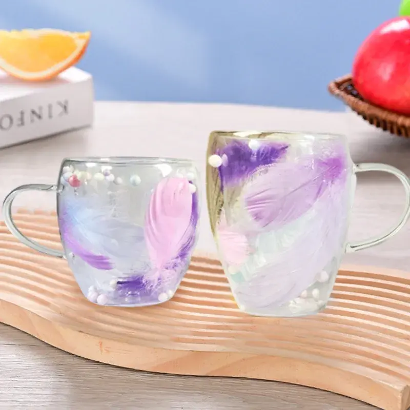 250/350ML Double Wall Coffee Mug with Handles Clear Milk Cups Gifts Glass Cup Household Office Fill Simulation Feather Teacup