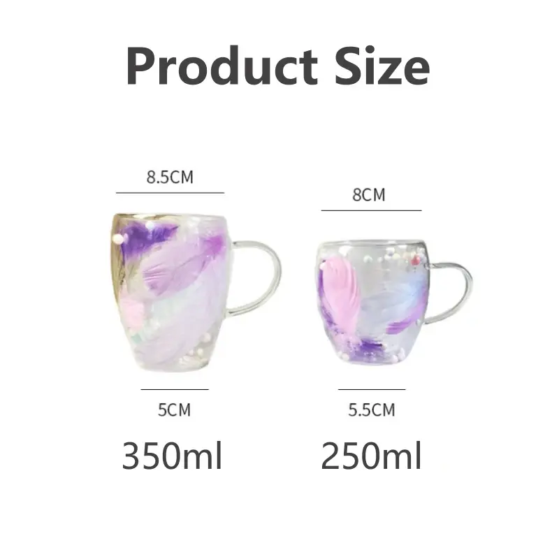 250/350ML Double Wall Coffee Mug with Handles Clear Milk Cups Gifts Glass Cup Household Office Fill Simulation Feather Teacup