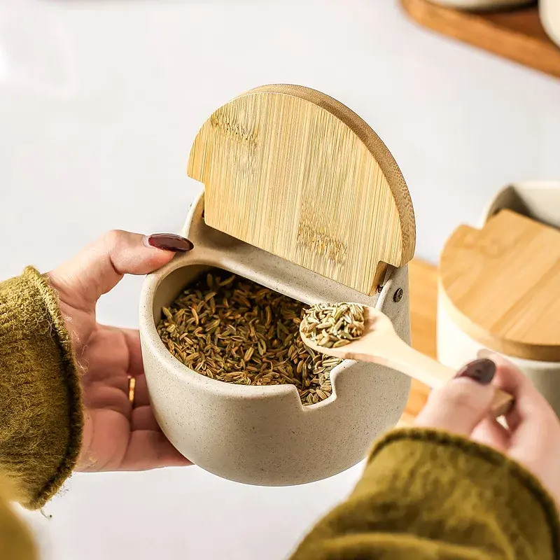 3pcs Ceramic Seasoning Jars with Bamboo Lid and Spoon Salt Shakers Kitchen Supplies Spice Organizer Canister White Sugar Box