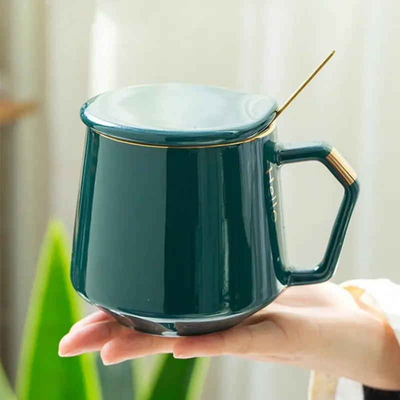 400ml European Style Light Luxury Gold-painted Ceramic Coffee Mug with Lid Stainless Steel Spoon Water Cup Insulation Milk Mug
