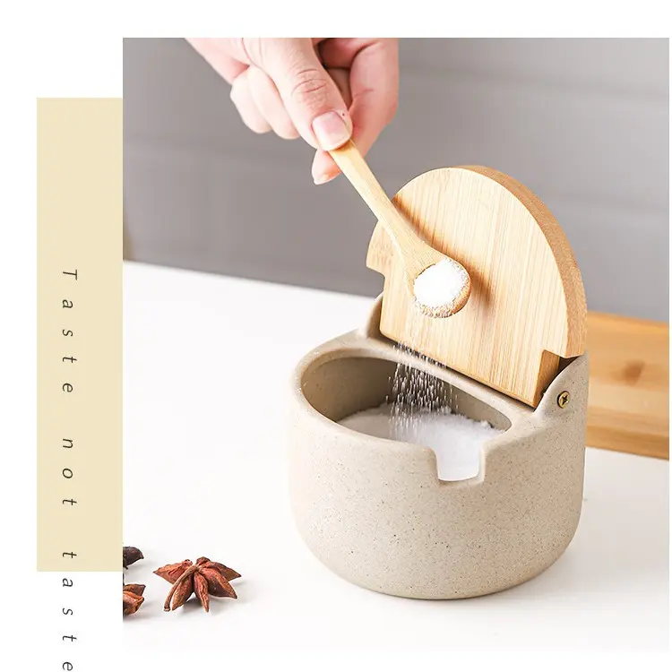 3pcs Ceramic Seasoning Jars with Bamboo Lid and Spoon Salt Shakers Kitchen Supplies Spice Organizer Canister White Sugar Box