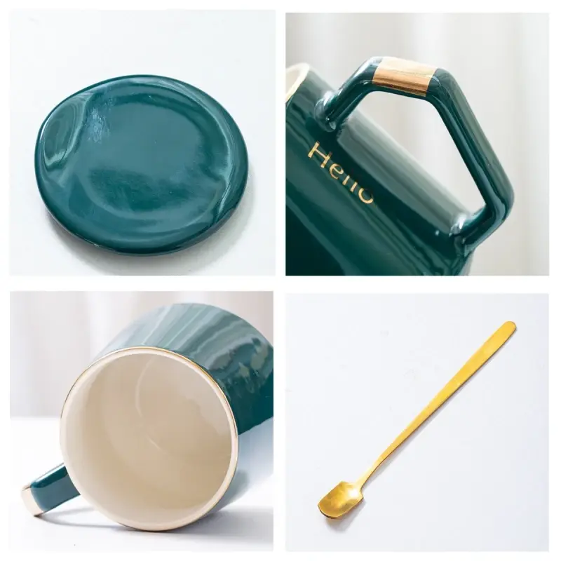 400ml European Style Light Luxury Gold-painted Ceramic Coffee Mug with Lid Stainless Steel Spoon Water Cup Insulation Milk Mug