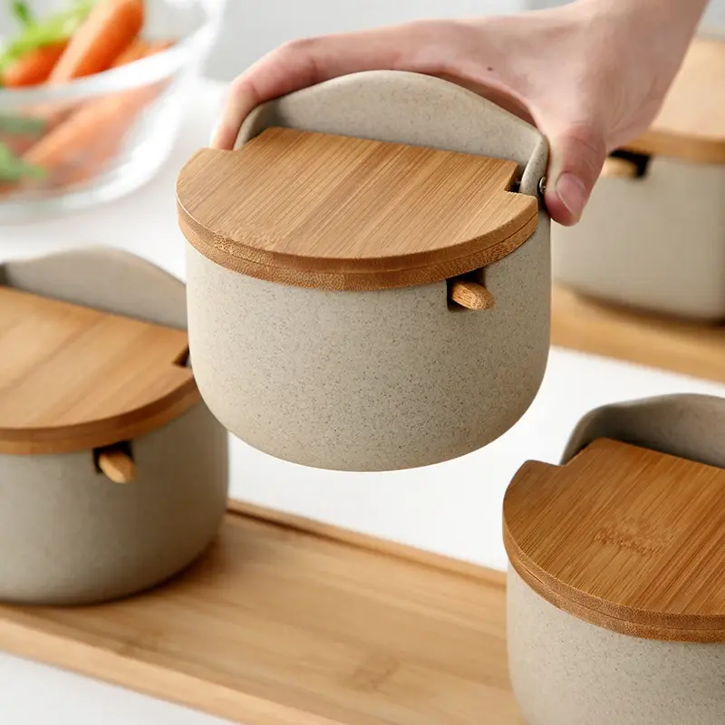 3pcs Ceramic Seasoning Jars with Bamboo Lid and Spoon Salt Shakers Kitchen Supplies Spice Organizer Canister White Sugar Box
