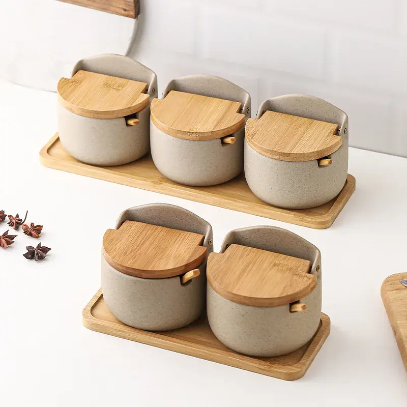 3pcs Ceramic Seasoning Jars with Bamboo Lid and Spoon Salt Shakers Kitchen Supplies Spice Organizer Canister White Sugar Box