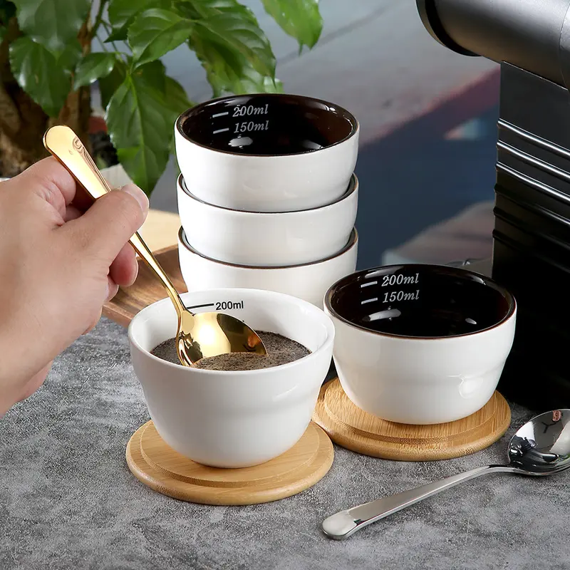 200ml Coffee Cup Thickened Ceramic Measuring Bowl Heat Resistant U Cupping Cup with Spoon Espresso Measuring Cup with Scale