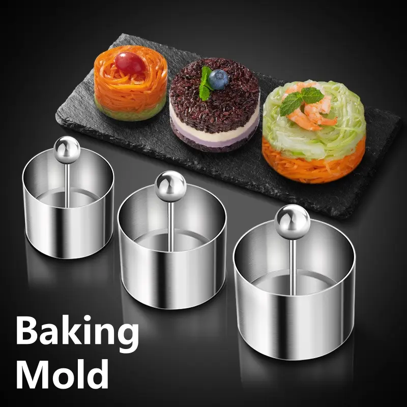 3Pcs Round Stainless Steel Rices Ball Mold with Pusher Cake Mousse Tiramisu Cold Dish Easy Demoulding Sushi Maker Kitchen Tool