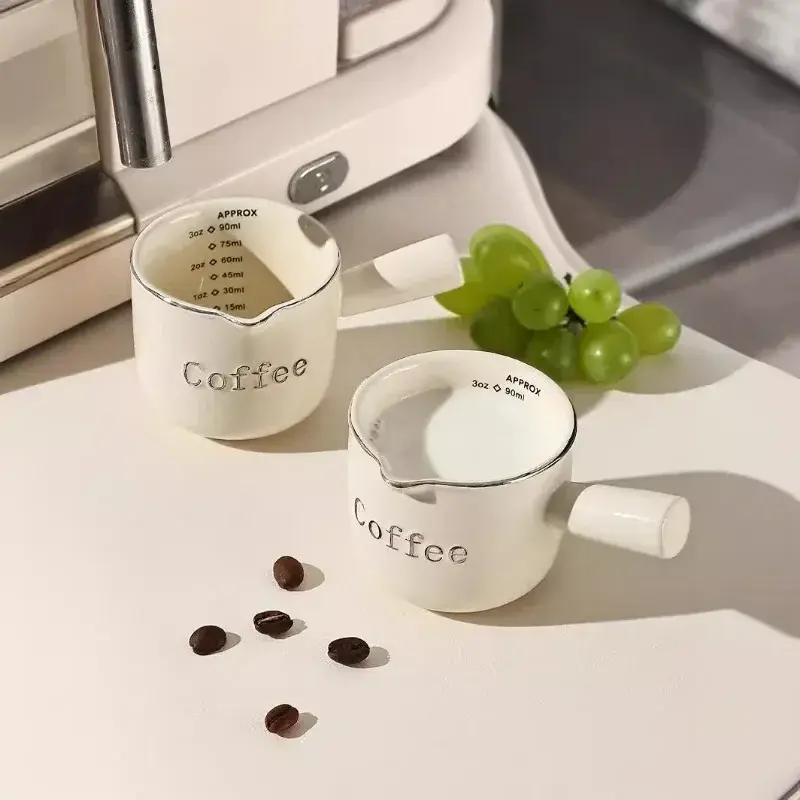 3oz/90ml Ceramic Measuring Cups with Duel Scale and Handle High Value Espresso Extraction Cup Transfer Cup Milk Jug Coffee Tool