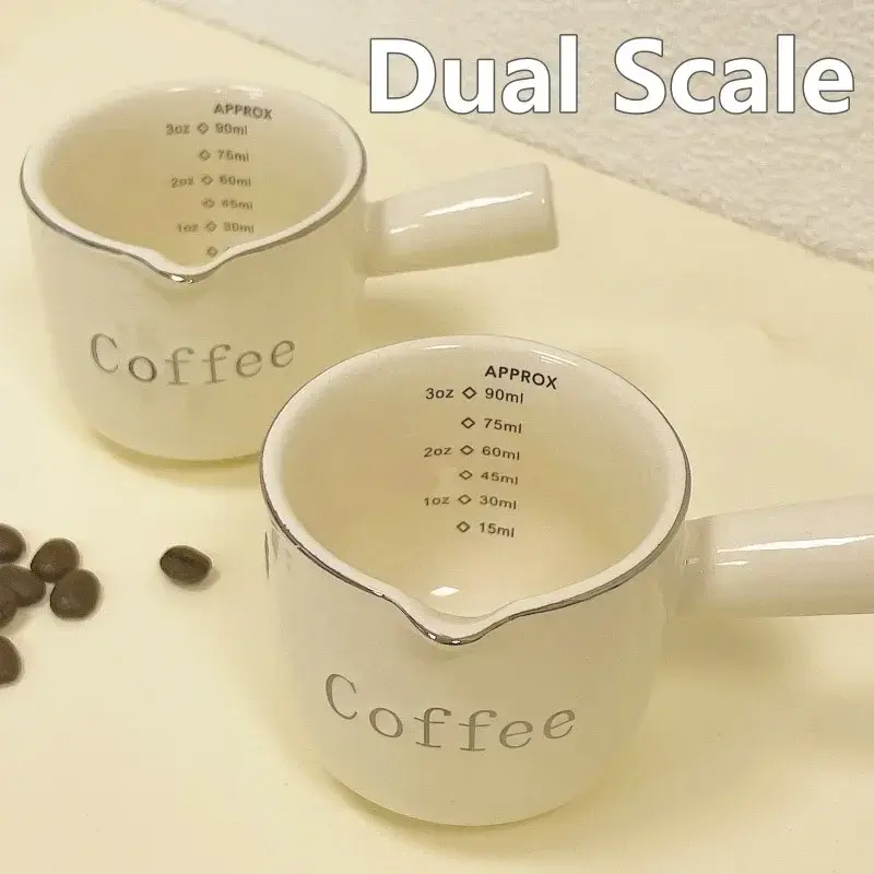 3oz/90ml Ceramic Measuring Cups with Duel Scale and Handle High Value Espresso Extraction Cup Transfer Cup Milk Jug Coffee Tool
