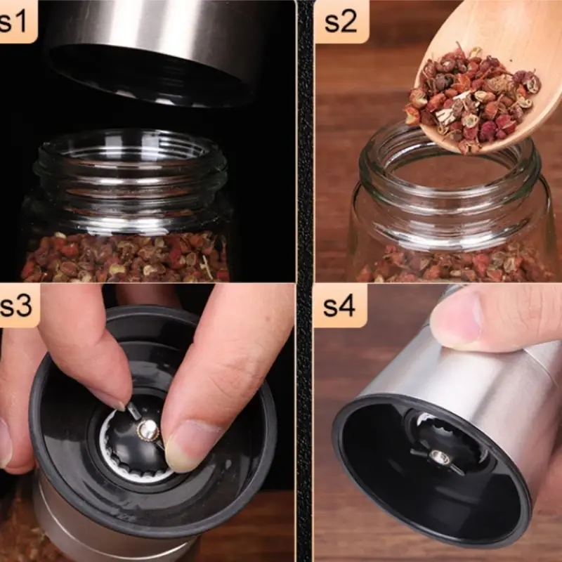 Black Pepper Grinder with Stainless Steel Mill Manual Spice Glass Salt and Pepper Grinder Machine for Household Powder Machine