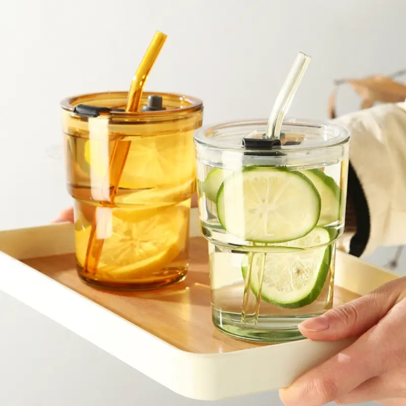 400ml Water Bottle Creative Glass Coffee with Straw Cup with Lid Cup Cover Ins Style Milk Tea Drinkware Couple Coffee Mug