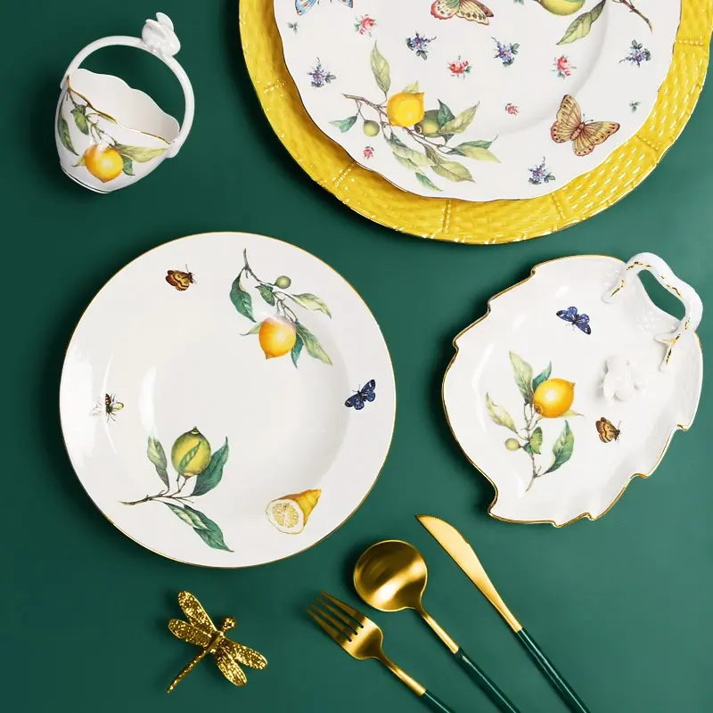 European Lemon Pattern Ceramic Dinner Steak Plate Bowl Fruit Candy Dim Sum Western Cuisine Plate Dishes Home Breakfast Plate