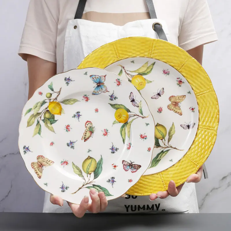 European Lemon Pattern Ceramic Dinner Steak Plate Bowl Fruit Candy Dim Sum Western Cuisine Plate Dishes Home Breakfast Plate