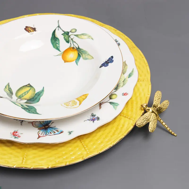 European Lemon Pattern Ceramic Dinner Steak Plate Bowl Fruit Candy Dim Sum Western Cuisine Plate Dishes Home Breakfast Plate