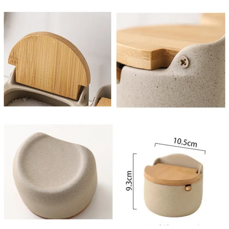 300ML Ceramic Seasoning Jar Bamboo Lid Jar with Spoon Wooden Sugar Salt Spices Storage Box Household Container Kitchen Supplies
