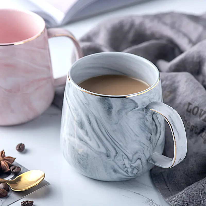 Ceramic Cup Nordic Gold Rim Coffee Oatmeal Breakfast Heat Insulation Cup Marble Pattern Solid Color Creative Personality Mug