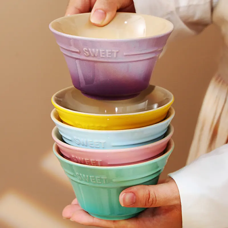 300ML Rainbow Gradient Color Dishes Rice Bowl Tableware Japanese Ramen Bowls Kitchen Dessert Salad Steamed Egg Bowl Tableware