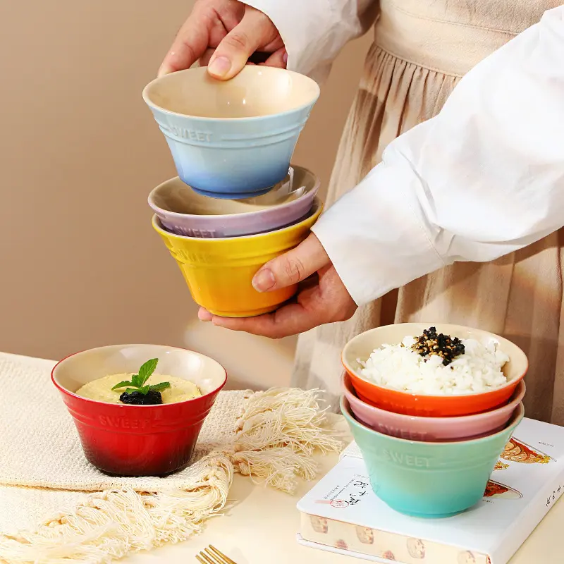 300ML Rainbow Gradient Color Dishes Rice Bowl Tableware Japanese Ramen Bowls Kitchen Dessert Salad Steamed Egg Bowl Tableware