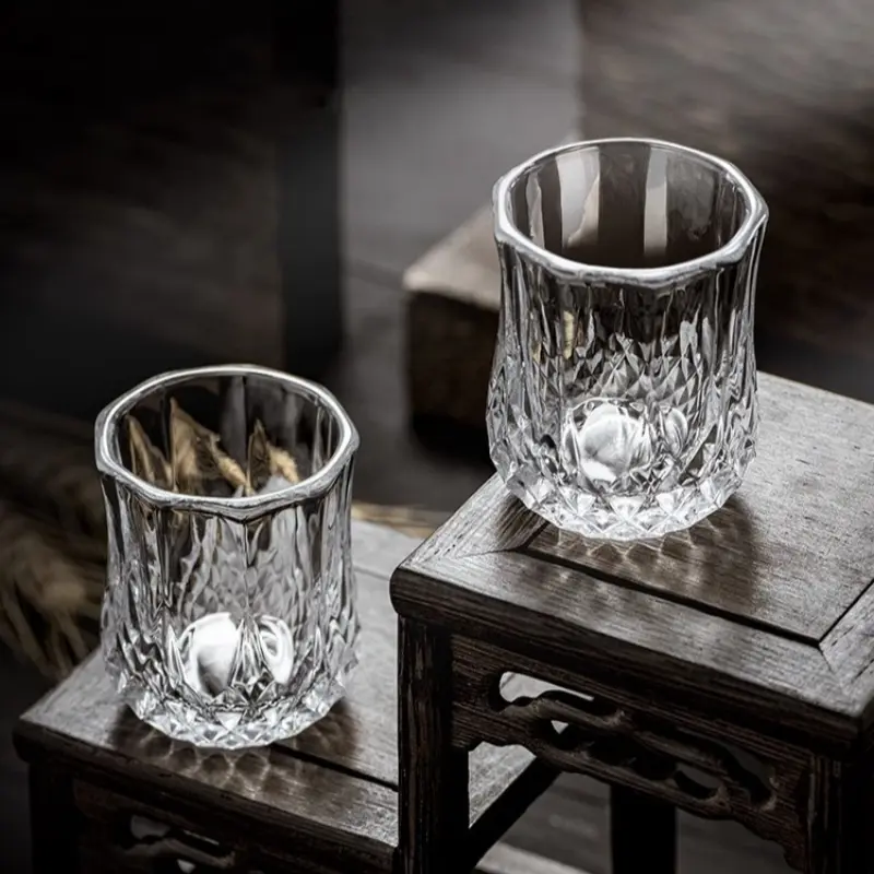 1/6Pcs Embossed Glass 50ml Spirits Cups Engraved Tea Drinking Baijiu Cup Water Glass Small Capacity Household Small Wine Cup