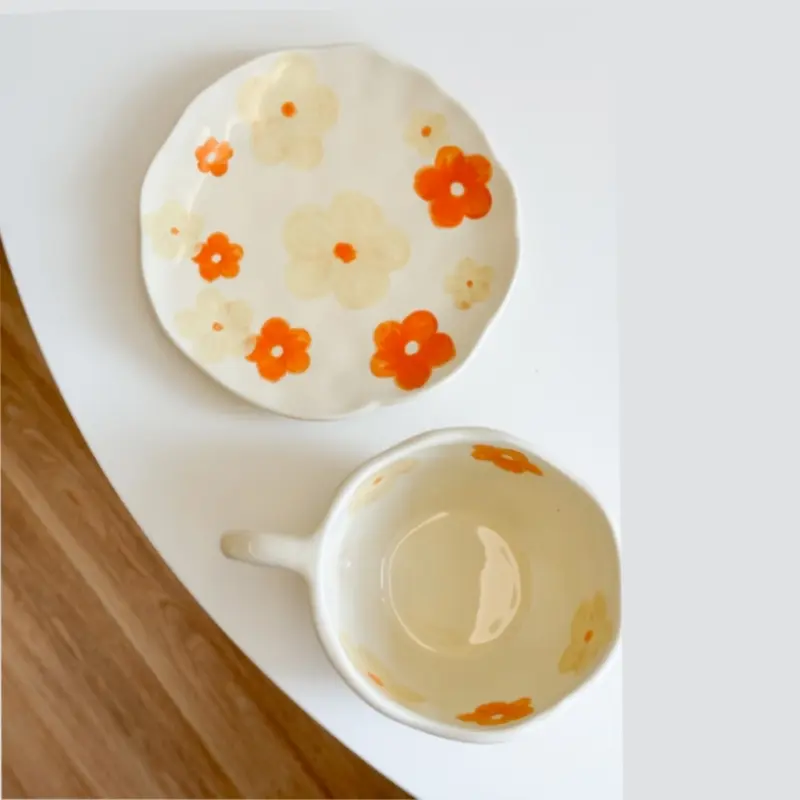 Ceramic Plate Flower Pattern Coffee Mug Set Painted Cute Girl Hand-painted Underglaze Color Gift Saucers for Festivel Present