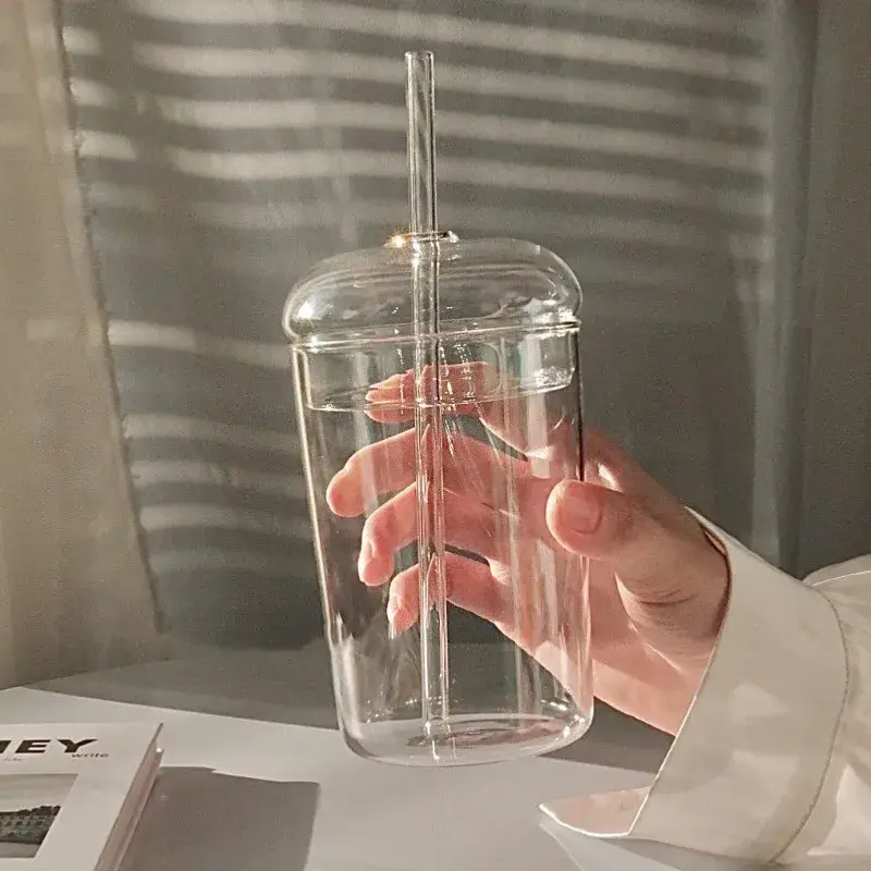 450ML Transparent Glass Iced Coffee Cup Ins Style Clear Glass with Lid and Straw Tea Cup Beer Juice Milk Water Cup Drinkware