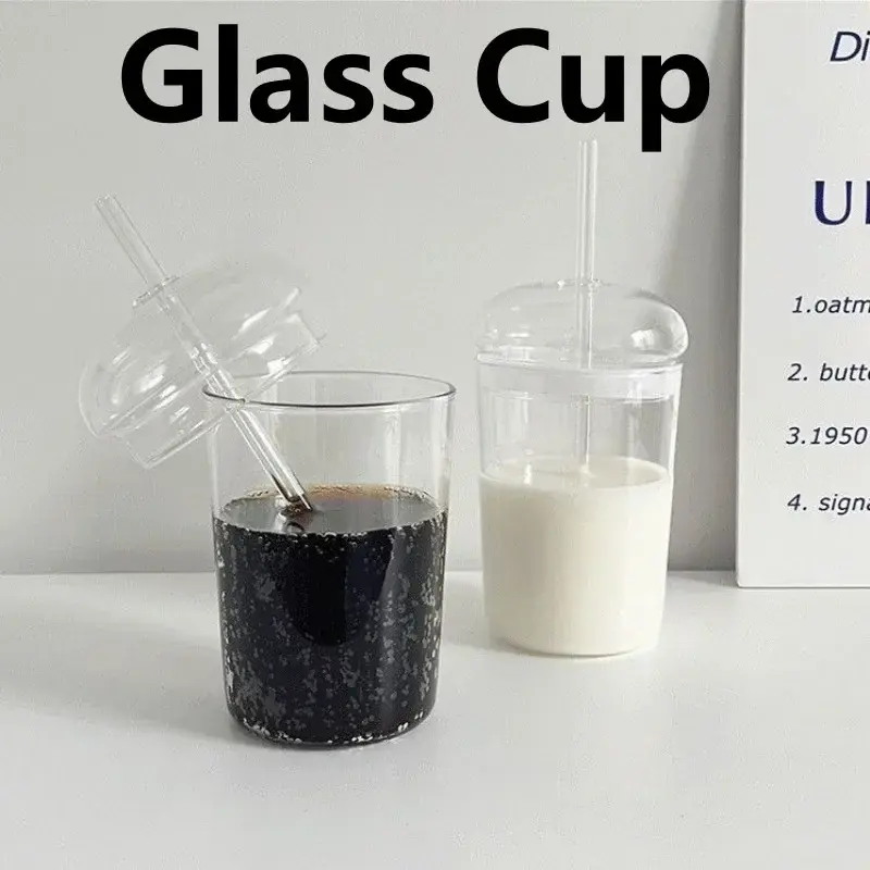 450ML Transparent Glass Iced Coffee Cup Ins Style Clear Glass with Lid and Straw Tea Cup Beer Juice Milk Water Cup Drinkware