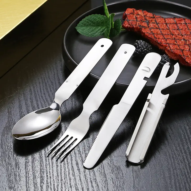 4-in-1 Stainless Steel Flatware Cutlery Set Lightweight Dinner Spoon Fork Cutter Multifunctional Storage Holder Bottle Opener