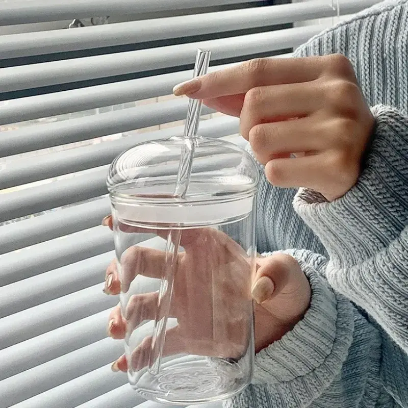 450ML Transparent Glass Iced Coffee Cup Ins Style Clear Glass with Lid and Straw Tea Cup Beer Juice Milk Water Cup Drinkware