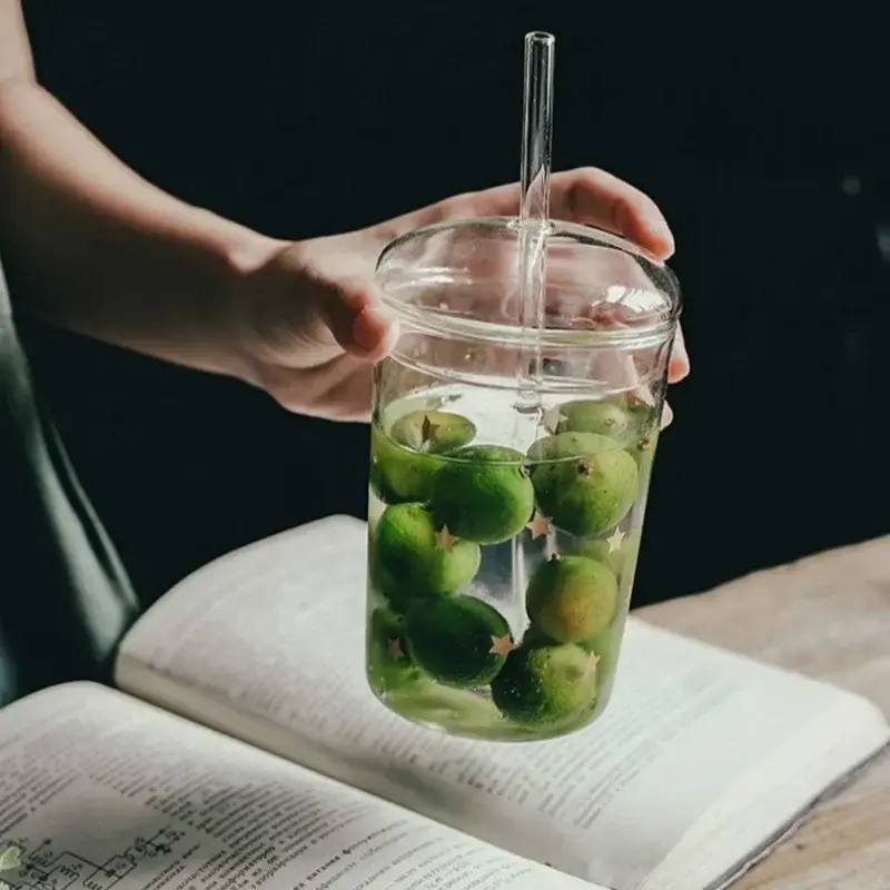 450ML Transparent Glass Iced Coffee Cup Ins Style Clear Glass with Lid and Straw Tea Cup Beer Juice Milk Water Cup Drinkware