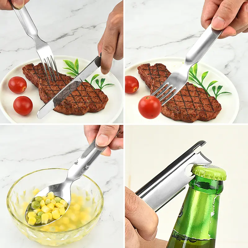 4-in-1 Stainless Steel Flatware Cutlery Set Lightweight Dinner Spoon Fork Cutter Multifunctional Storage Holder Bottle Opener