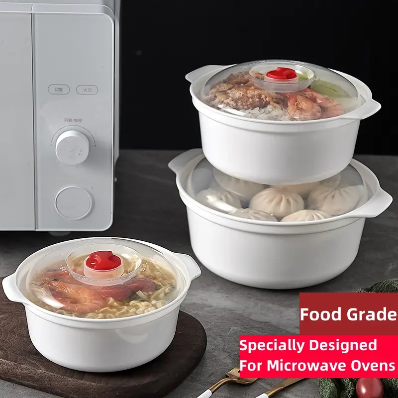 2Pcs Two Ear Round Microwave Lunch Box Household Plastic Heating Fresh Keeping Box With Lid Steamed Bun Instant Noodles Bowl