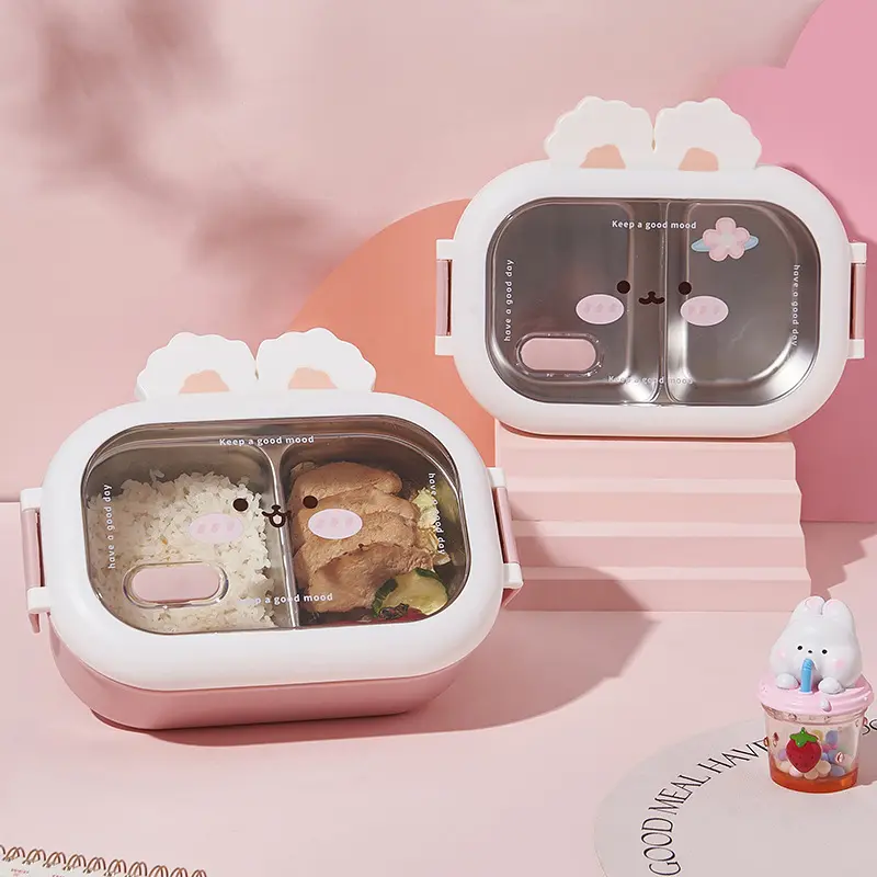 950ml Cute Rabbit Lunch Box Stainless Steel 2 Grid Bento Box Buckle Design Sealed and Leak-proof Portable Food Storage Container