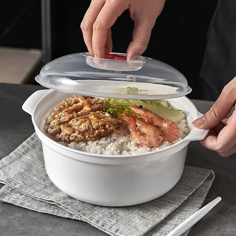 2Pcs Two Ear Round Microwave Lunch Box Household Plastic Heating Fresh Keeping Box With Lid Steamed Bun Instant Noodles Bowl