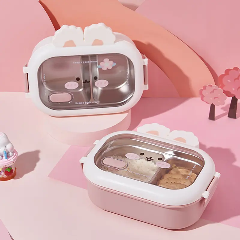 950ml Cute Rabbit Lunch Box Stainless Steel 2 Grid Bento Box Buckle Design Sealed and Leak-proof Portable Food Storage Container