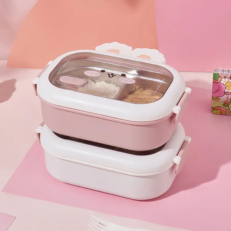 950ml Cute Rabbit Lunch Box Stainless Steel 2 Grid Bento Box Buckle Design Sealed and Leak-proof Portable Food Storage Container
