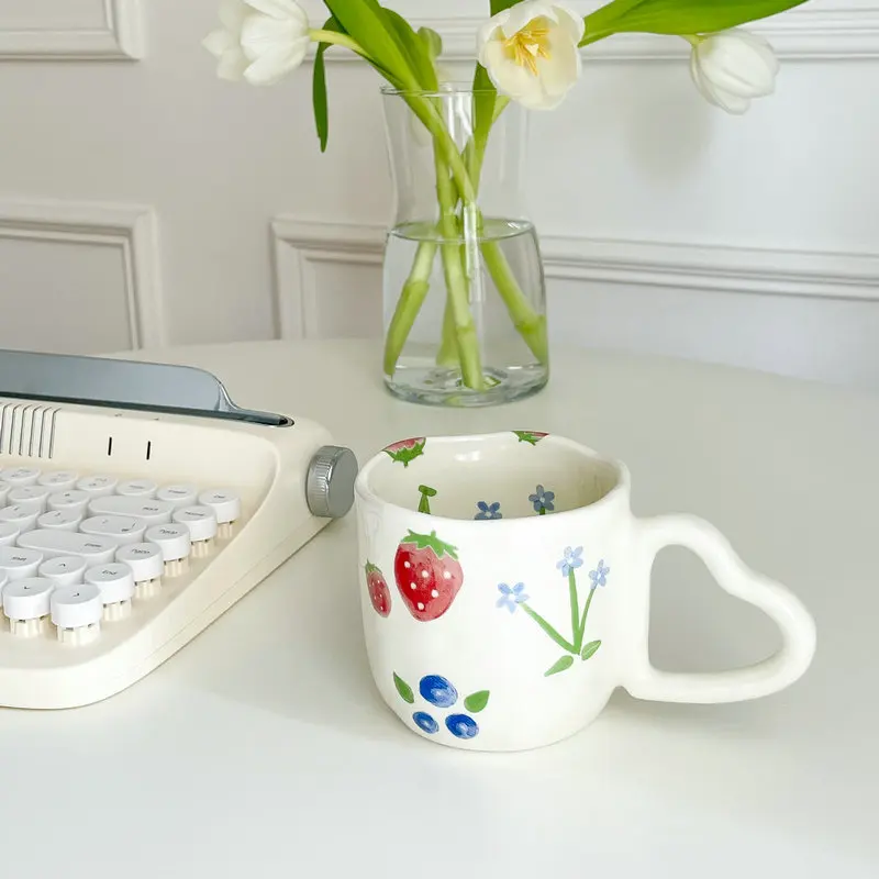 350ML Ceramic Coffee Mugs Tulip Love Handle Cups Hand Pinched Irregular White Color Flower Milk Mug Oatmeal Breakfast Tea Cup