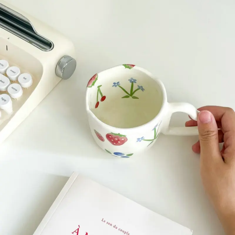 350ML Ceramic Coffee Mugs Tulip Love Handle Cups Hand Pinched Irregular White Color Flower Milk Mug Oatmeal Breakfast Tea Cup
