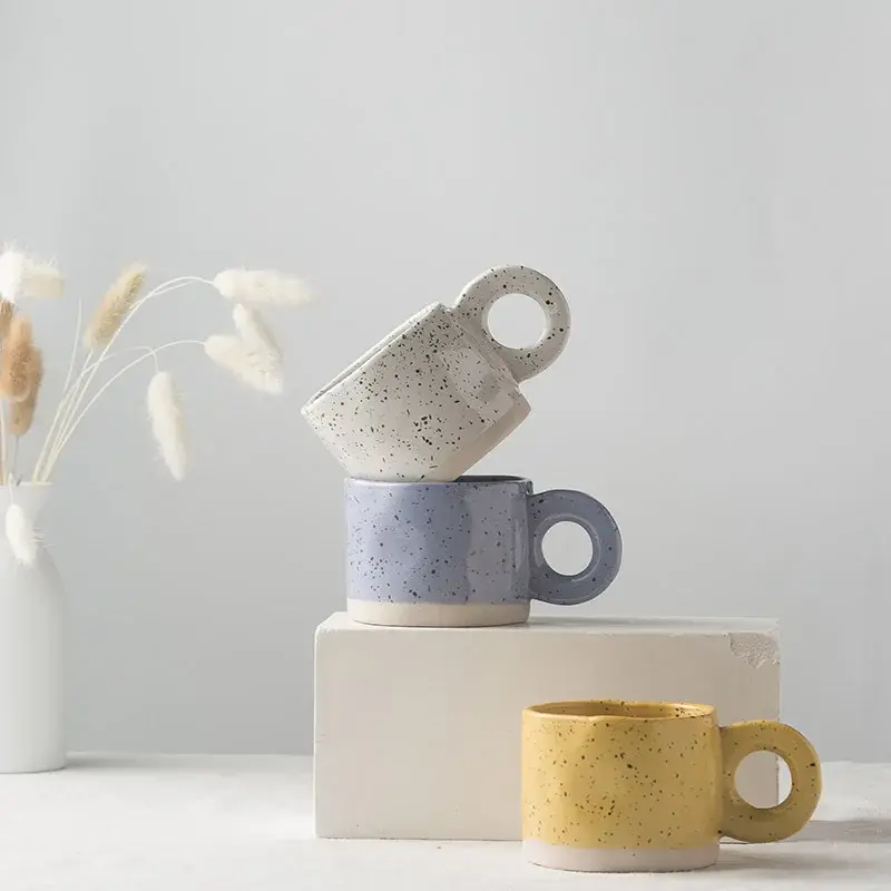 Ceramic Mug Ring Handle Irregular Coffee Modern Print Porcelain Ins Catoon Style Mug Handmade Hot Chocolate Couple Handgrip Cups