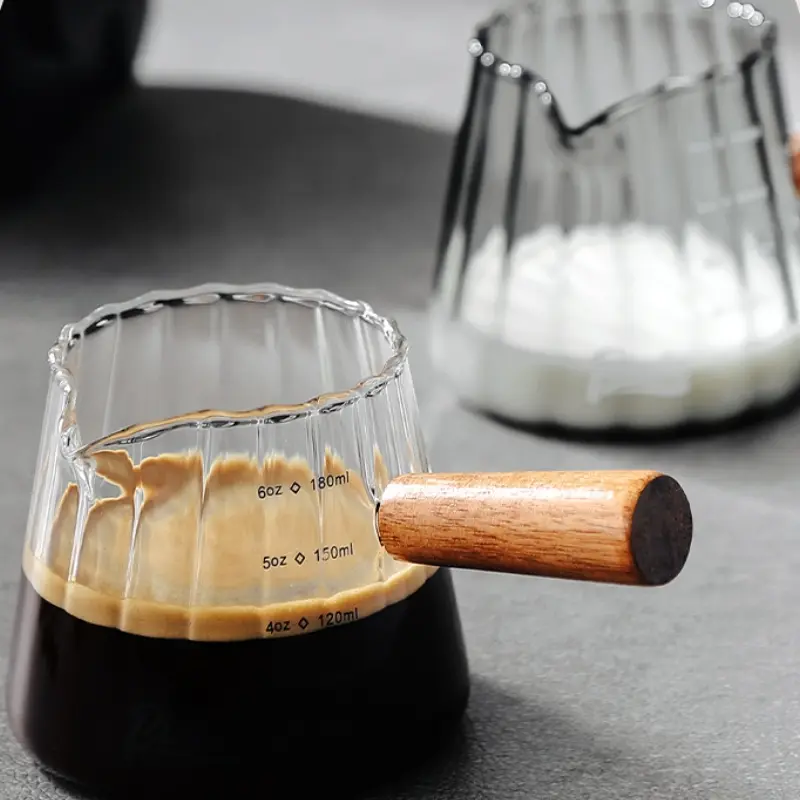 180ML Coffee Extraction Cup Glass with Wood Handle Single Mouth Heat Insulation Measuring Cup Espresso Cup Hexagon Milk Jug