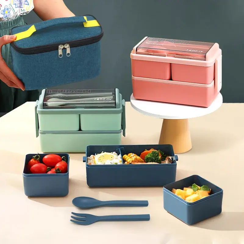 Double Layer Lunch Box with Storage Bag Leakproof Student Microwave Dinnerware Set with Fork Spoon Food Snack Storage Container