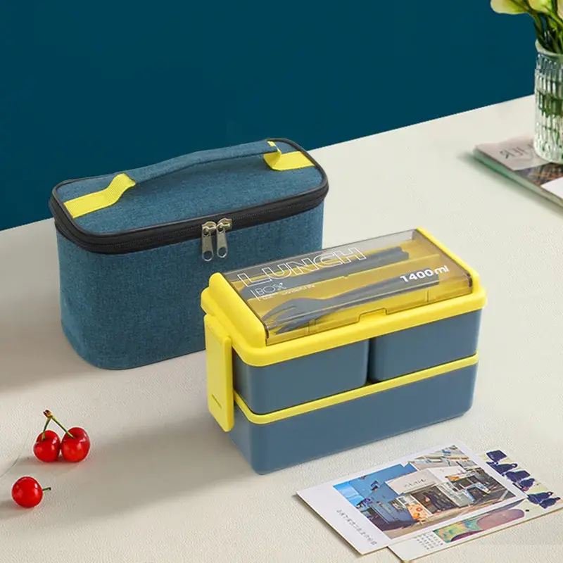 Double Layer Lunch Box with Storage Bag Leakproof Student Microwave Dinnerware Set with Fork Spoon Food Snack Storage Container