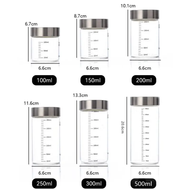 2Pcs 100-500ml Glass Storage Cup Portable Seal Thickening High Borosilicate Thermostability Liquid Storage Cup Scale Sealed Jar