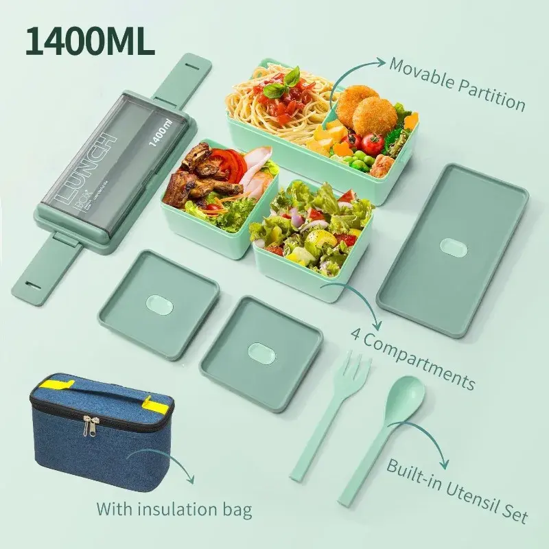 Double Layer Lunch Box with Storage Bag Leakproof Student Microwave Dinnerware Set with Fork Spoon Food Snack Storage Container