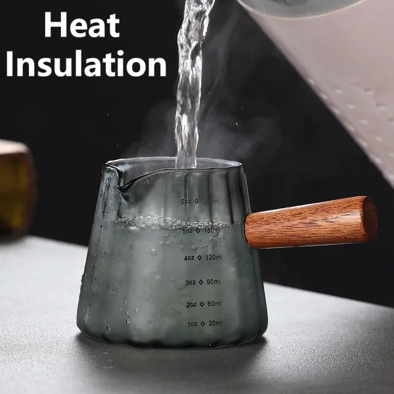 180ML Coffee Extraction Cup Glass with Wood Handle Single Mouth Heat Insulation Measuring Cup Espresso Cup Hexagon Milk Jug