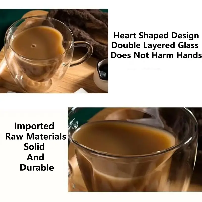 Heart Shaped Mug Double Wall Glass Cup Heat-Resisting Solid Color Wine Glasses Tea Mugs Milk Espresso Coffee Cup for Gift