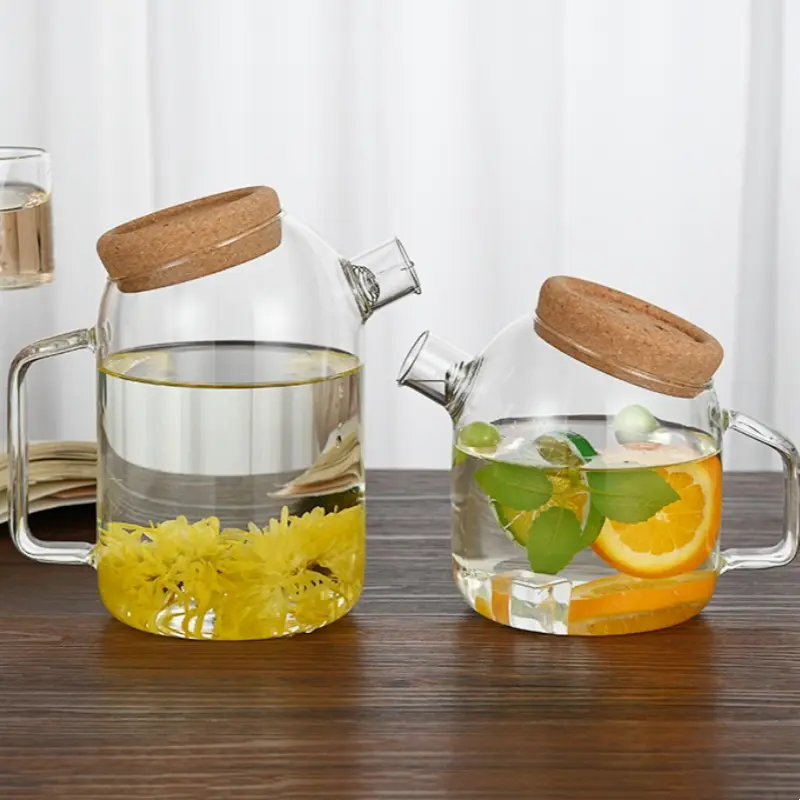 800/1100/1900Ml Water Kettle Glass Cork Creative Wooden Cover Flower Teapot Heat-Resistant Juice Cold Kettle With Cork Lid
