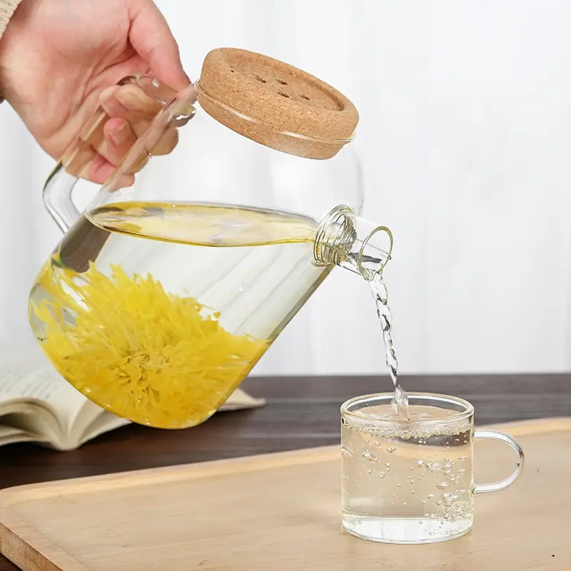 800/1100/1900Ml Water Kettle Glass Cork Creative Wooden Cover Flower Teapot Heat-Resistant Juice Cold Kettle With Cork Lid