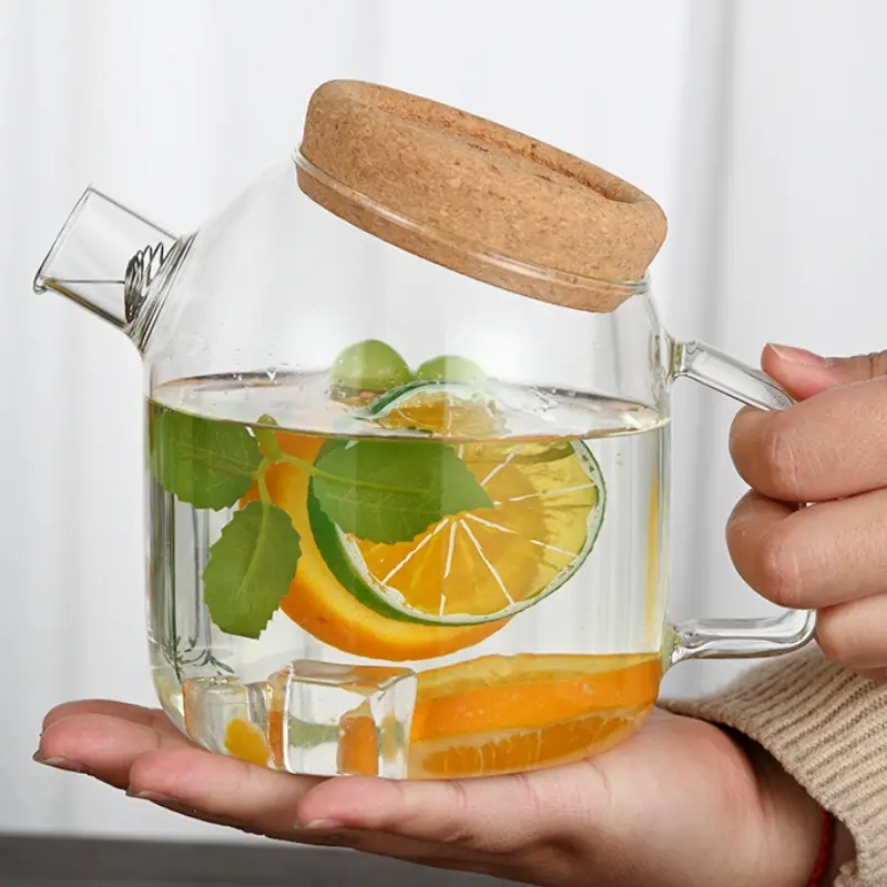 800/1100/1900Ml Water Kettle Glass Cork Creative Wooden Cover Flower Teapot Heat-Resistant Juice Cold Kettle With Cork Lid